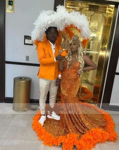 New Arrival Orange Mermaid Prom Dress Sparkly Beads Crystal Feathers Sequins Luxury Evening Dress