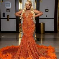New Arrival Orange Mermaid Prom Dress Sparkly Beads Crystal Feathers Sequins Luxury Evening Dress - Thumbnail 1