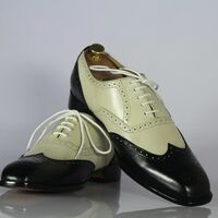 Handmade Men's Two Tone Leather Lace Up Wing Tip Dress Shoes - Thumbnail 1