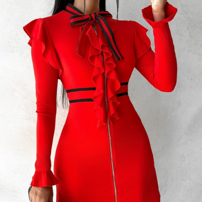 Sexy long sleeved slim knitted red dress - Thumbnail 1