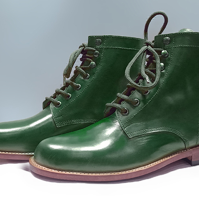 Men's green leather lace up handmade derby ankle high boots