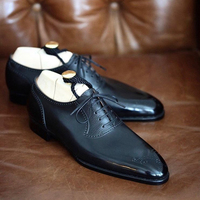 Handmade Men's Lace Up Brogue Toe Black Leather Office Shoes - Thumbnail 1