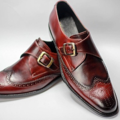 Handmade men's leather singal monk buckle two shaded wing tip fashion shoes - Thumbnail 3