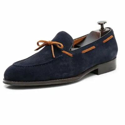 Handmade men's blue suede fashion tussle loafer shoes - Thumbnail 3