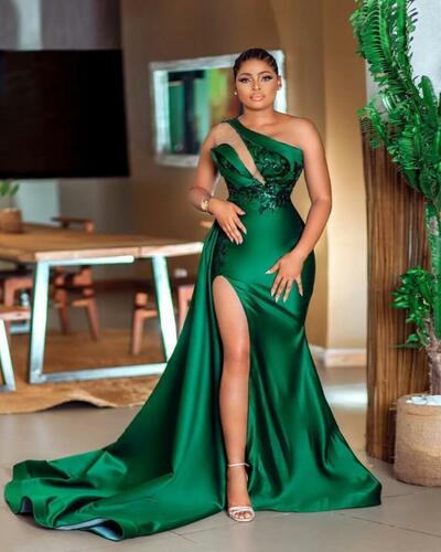 Hunter Green One Shoulder Neckline Evening Dress High Side Split Prom Dress