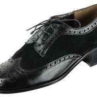 Handmade Men's Black Leather Lace Up Wing Tip Leather & Suede Dress Shoes - Thumbnail 1