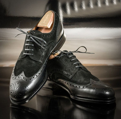 Handmade Men's Black Leather Lace Up Wing Tip Leather & Suede Dress Shoes
