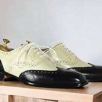 Handmade Men's Two Tone Leather Lace Up Wing Tip Dress Shoes - Thumbnail 1