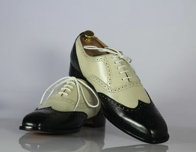 Handmade Men's Two Tone Leather Lace Up Wing Tip Dress Shoes