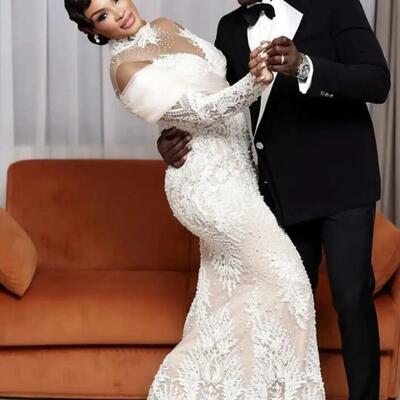 Mermaid lace wedding dress sheer neck beaded illusion vintage sexy bridal gown