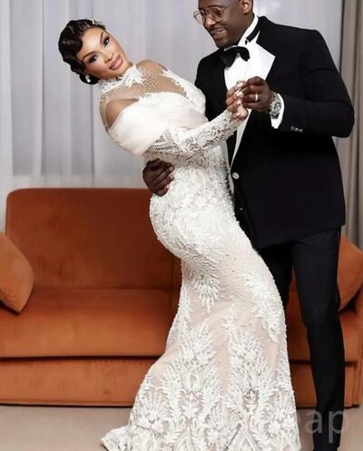 Mermaid Lace Wedding Dress Sheer Neck Beaded Illusion Vintage Sexy Bridal Gown