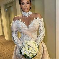 Mermaid Lace Wedding Dress Sheer Neck Beaded Illusion Vintage Sexy Bridal Gown - Thumbnail 3