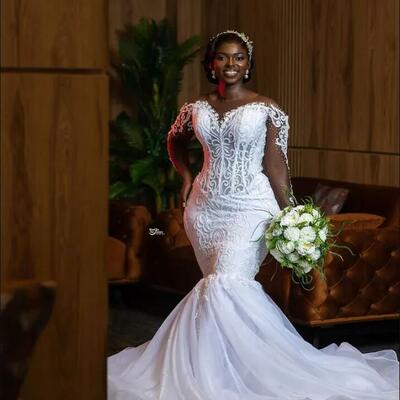 White mermaid wedding dress lace beaded sheer neck long sleeves bridal gowns dress