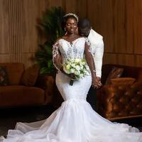 White Mermaid Wedding Dress Lace Beaded Sheer Neck Long Sleeves Bridal Gowns Dress - Thumbnail 2