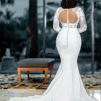 White Lace Plus Size Wedding Dress Beaded Mermaid Wedding Gown - Thumbnail 2