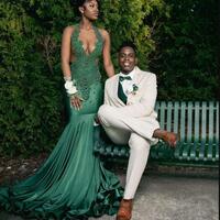 Hunter Green Mermaid Prom Dresses Sexy African Girls Sexy Halter Plunging Neck Cutaway Sides Satin Long Evening Gowns Party Occasion Wear - Thumbnail 1