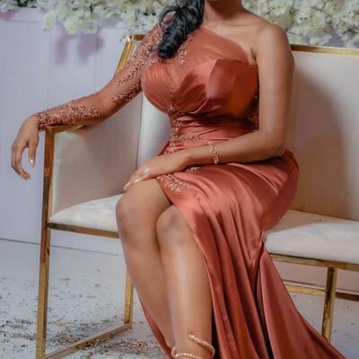 Plus size one shoulder mermaid prom dresses lace beaded high split evening formal dress