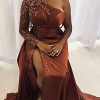 Plus Size One Shoulder Mermaid Prom Dresses Lace Beaded High Split Evening Formal Dress - Thumbnail 3