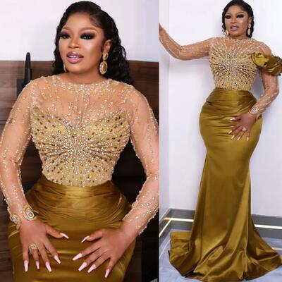 Gold mermaid prom dresses beaded crystals evening formal party dress