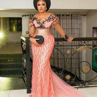 Plus Size Pink Mermaid Sexy Prom Dresses Sheer Neck Beaded Lace Evening Formal Party Dress - Thumbnail 1