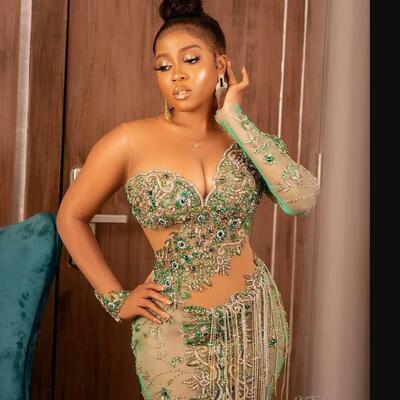  plus size luxurious beaded crystals prom dresses lace sheer neck mermaid evening formal party dress