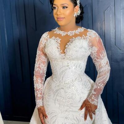 Mermaid ivory wedding dress sheer neck lace long sleeves vintage bridal gowns dress