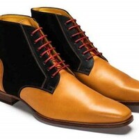 Handmade Men’s Ankle High Leather Suede Derby Boot Men’s Tan Black Color Lace Up Boot - Thumbnail 1