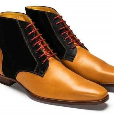 Handmade men’s ankle high leather suede derby boot men’s tan black color lace up boot - Thumbnail 2