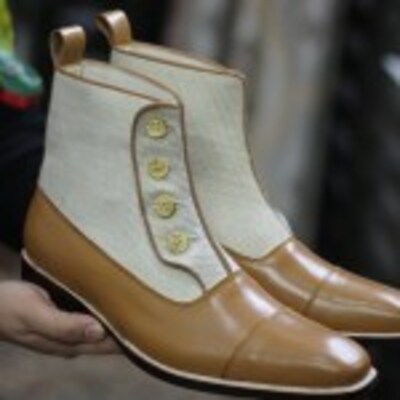 Men’s brown beige button top cap toe leather boot - Thumbnail 2