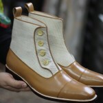 Men’s Brown Beige Button Top Cap Toe Leather Boot