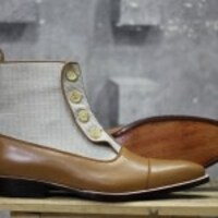 Men’s Brown Beige Button Top Cap Toe Leather Boot - Thumbnail 2