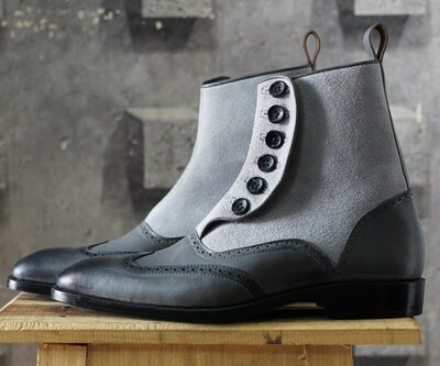 Men’s Gray Button Top Wing Tip Leather Suede Boot