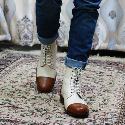 Handmade men’s cream brown cap toe ankle boots - Thumbnail 1