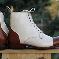 Handmade Men’s Cream Brown Cap Toe Ankle Boots - Thumbnail 2