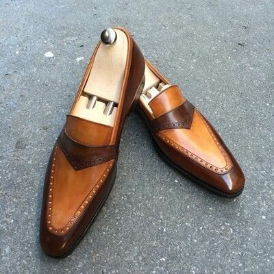 Handmade men's genuine leather shoes,tan brown color loafer slips on formal shoe
