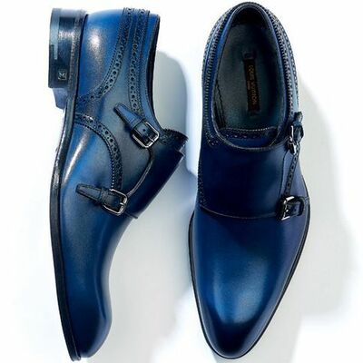 Double buckle strap blue monk plain toe pointed tip leather shoes for men's