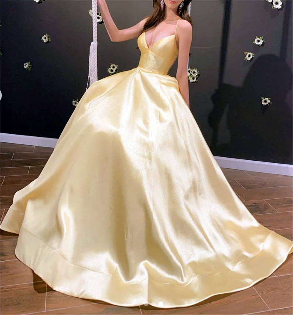 Elegant Modest V Neckline White Long Prom Evening Gown Satin Fabric main image 1