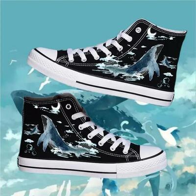Whale Jumping Out of The Sea At Night Hand Painted Canvas Shoes