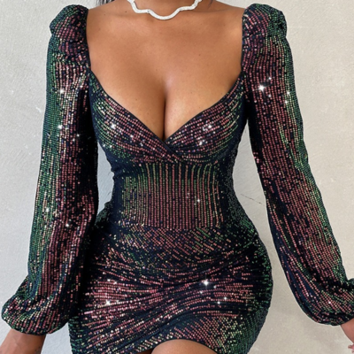 Long Sleeved Temperament Elegant Sequin Dress