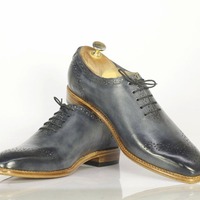 Men's Leather Lace Up Brogue Toe Gray Fashion Office Handmade Shoes - Thumbnail 1