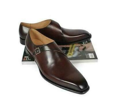 Handmade Chocolate Singal Monk Buckle Fashion Men's Leather Shoes