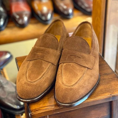 Handmade men's fashion brown suede penny loafer shoes