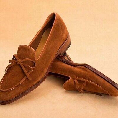 Handmade men's brown suede tussle loafer shoes