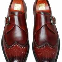 Handmade Men's Leather Singal Monk Buckle Two Shaded Wing Tip Fashion Shoes - Thumbnail 1