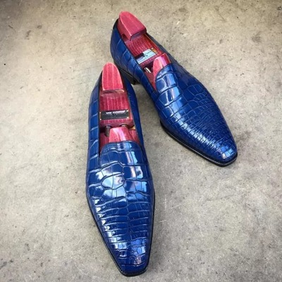 Handmade men's blue alligator print leather loafer shoes
