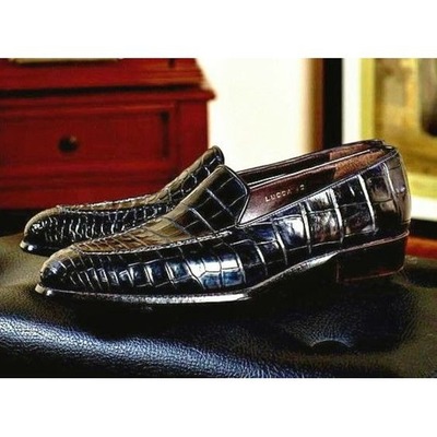 Handmade men's fashion black alligator print leather peeny loafer shoes