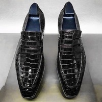 Handmade Men's Fashion Black Alligator Print Leather Peeny Loafer Shoes - Thumbnail 1