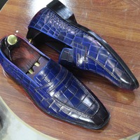 Handmade Men's Fashion Blue Alligator Print Leather Peeny Loafer Shoes - Thumbnail 1