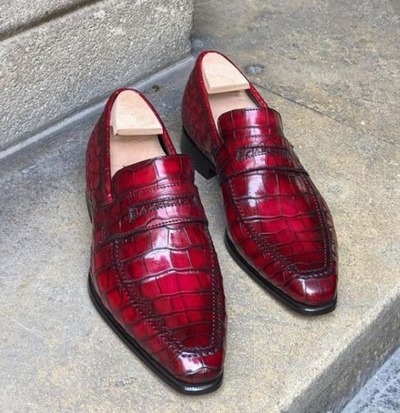 Handmade Men's Fashion Red Alligator Print Leather Peeny Loafer Shoes