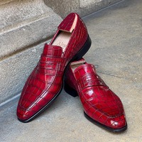Handmade Men's Fashion Red Alligator Print Leather Peeny Loafer Shoes - Thumbnail 1